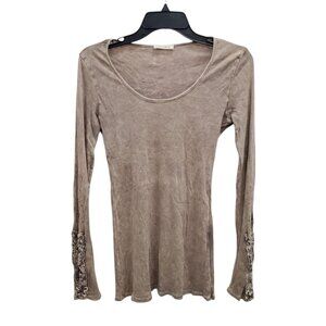 Phanuel Women's Y2K Taupe Acid Stone Wash Boho Applique Long Sleeve Tee One Size